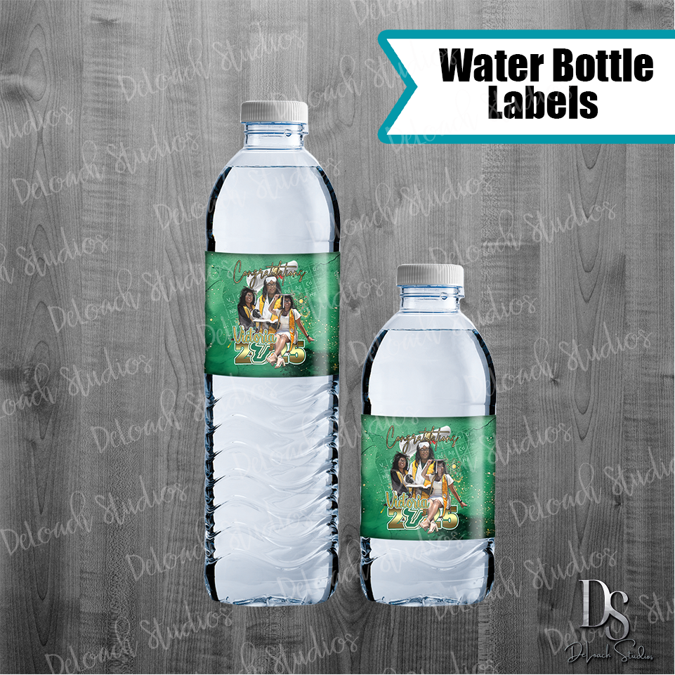 Victoria - Custom Graduation Water Bottle Labels – Class of 2025 Party Decor (Set of 6)