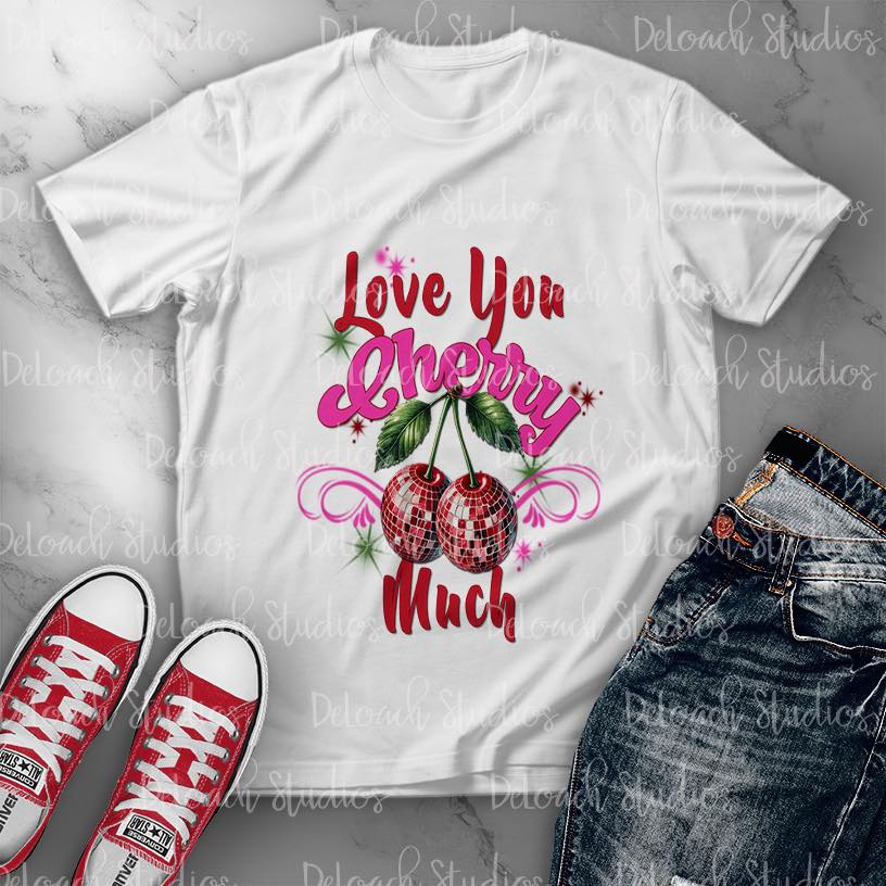 Love You Cherry Much PNG – Disco Cherry Valentine’s Clipart | Retro Fruit DTF or Sublimation File for DIY Shirts