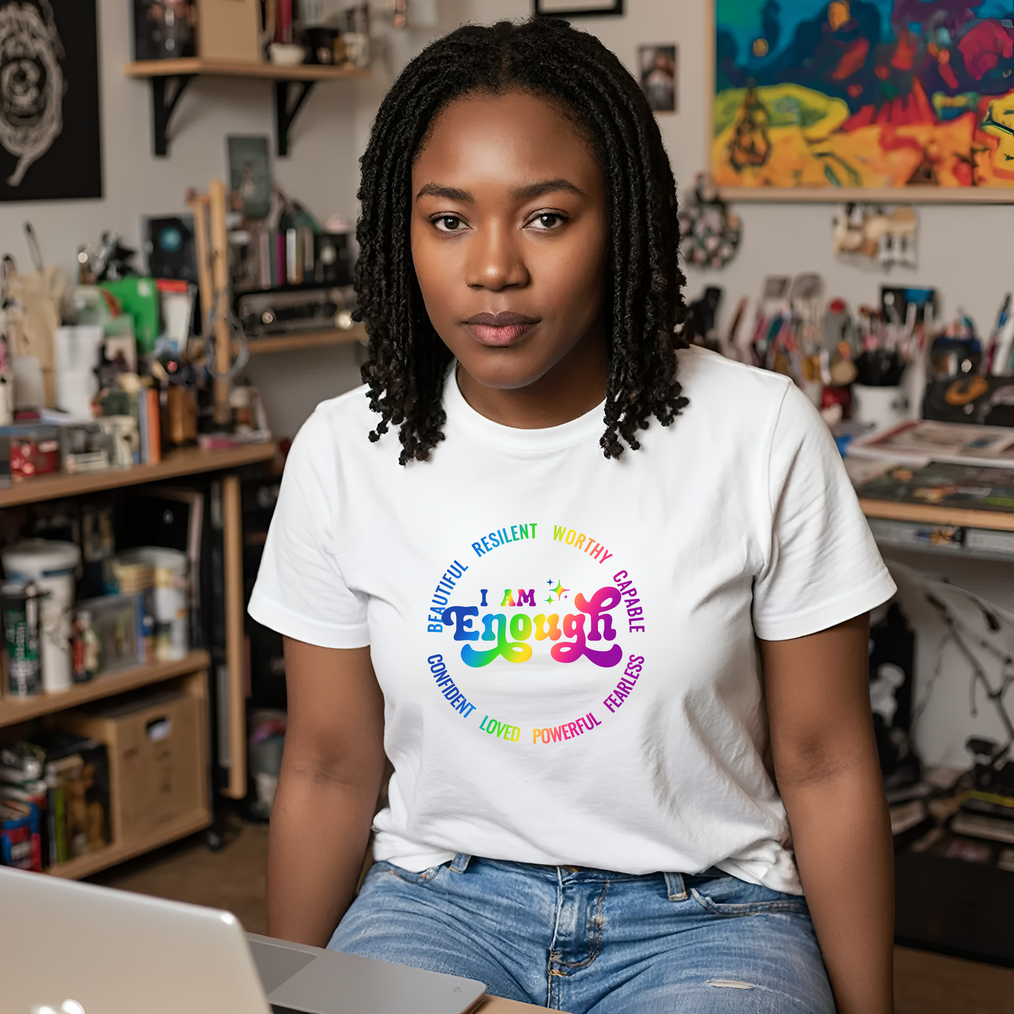 I Am Enough Graphic Tee – Rainbow Empowerment Shirt | Self-Love Affirmation Tee | Motivational Mental Health Support Shirt