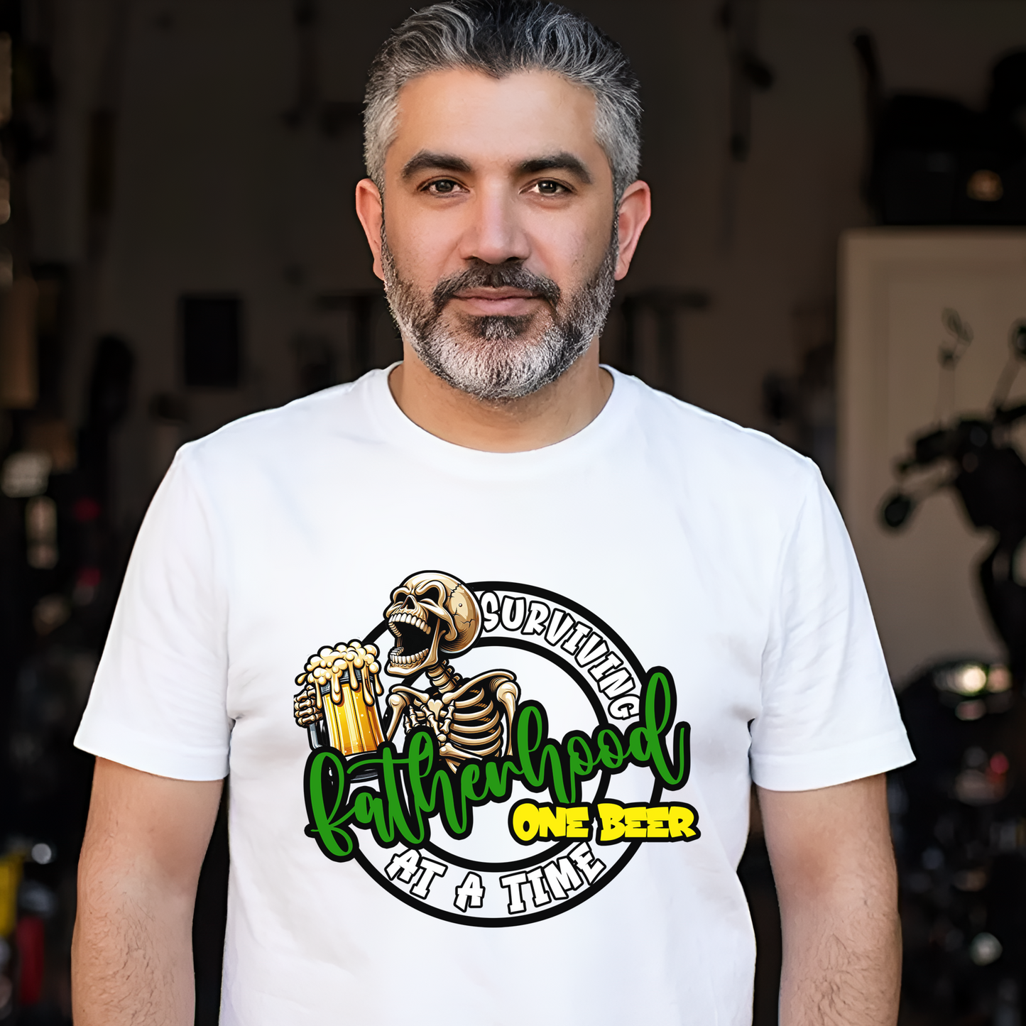 Surviving Fatherhood One Beer at a Time Shirt – Funny Skeleton Dad Tee | Sarcastic Father’s Day Gift | Scuba Blue Unisex T-Shirt