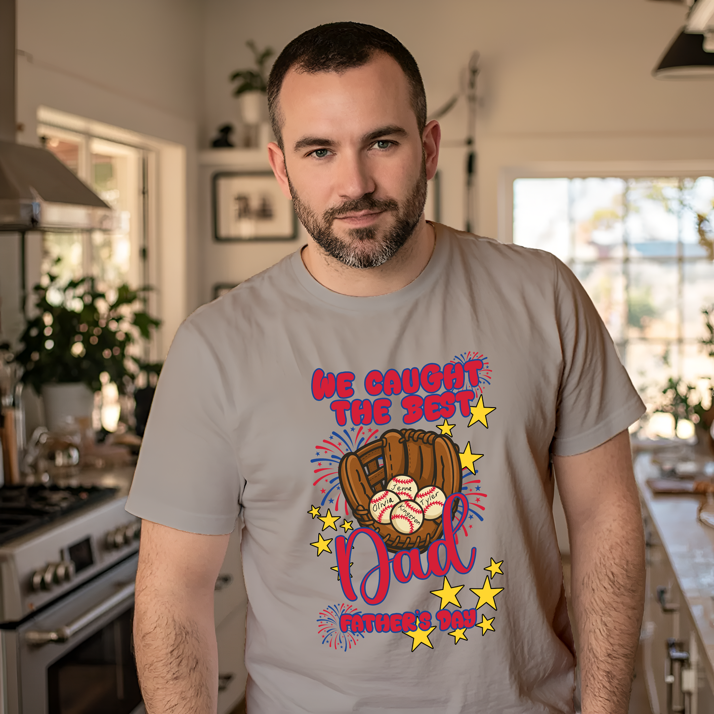 We Caught the Best Dad Father’s Day Shirt – Baseball Glove Design | Kids’ Names Customizable | Unisex Tee