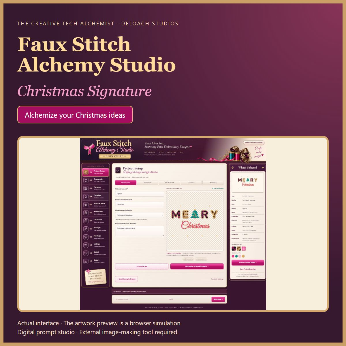 Christmas Signature prompt studio with actual interface screenshot and a labeled simulated preview