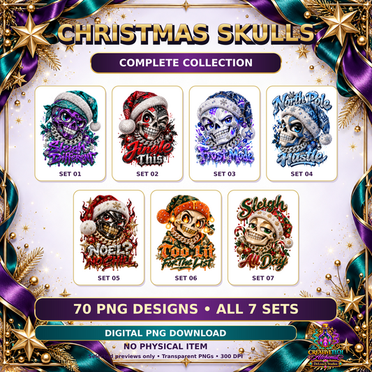 Christmas Skulls complete collection: 70 digital PNG designs across seven sets, with one sample from each set; no physical item
