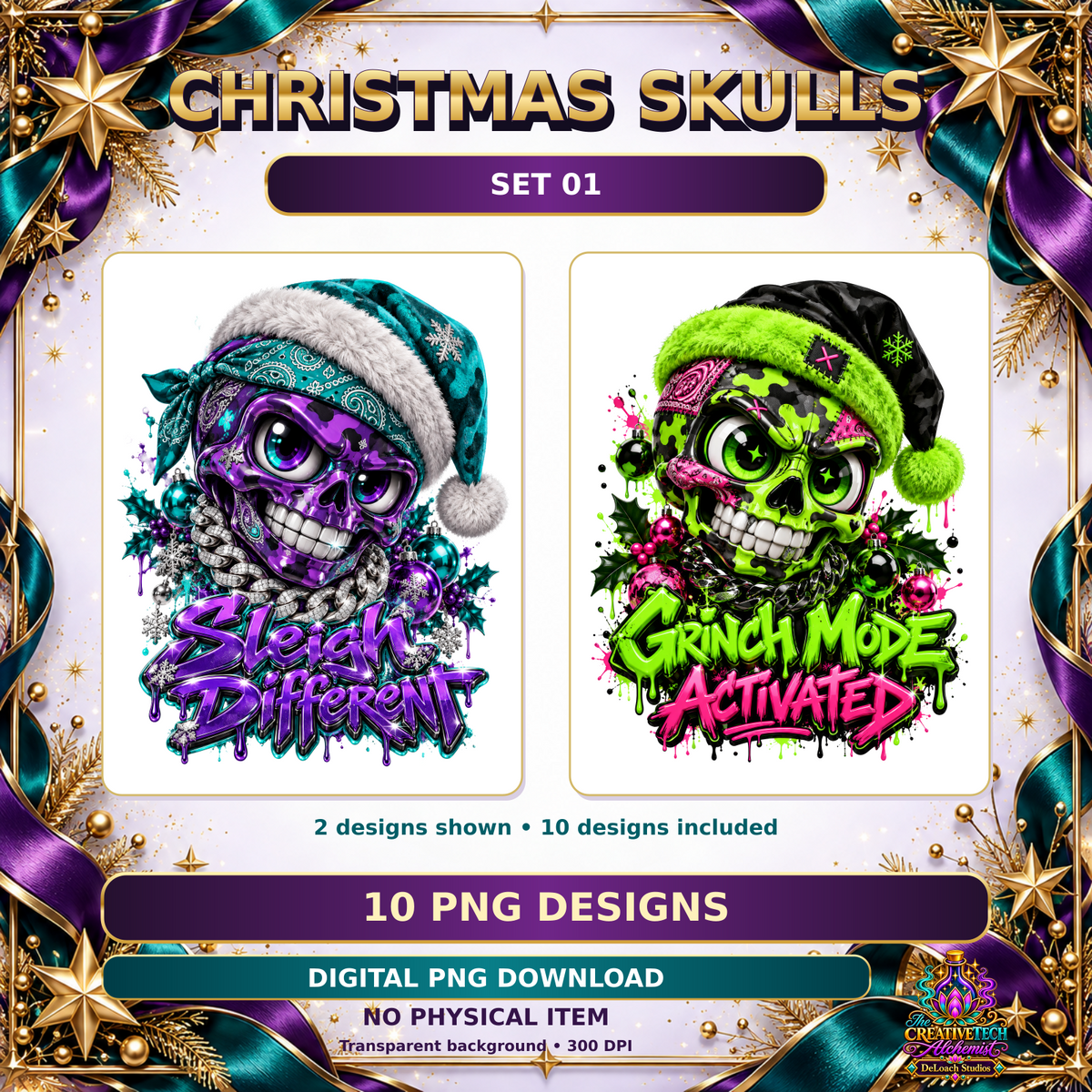 Christmas Skulls Set 01: two sample designs from the ten included transparent PNGs, 300 DPI; digital download, no physical item