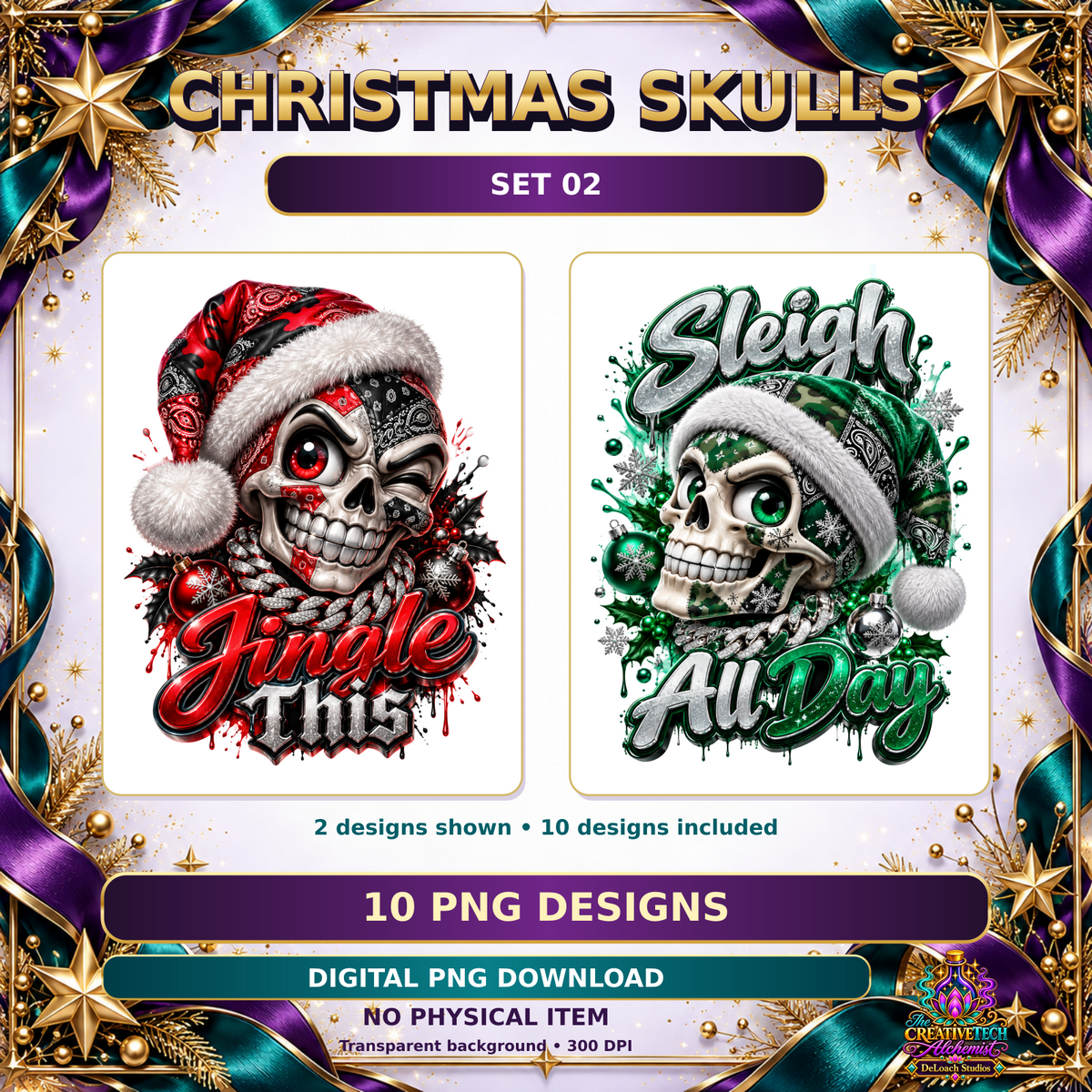 Christmas Skulls Set 02: two sample designs from the ten included transparent PNGs, 300 DPI; digital download, no physical item