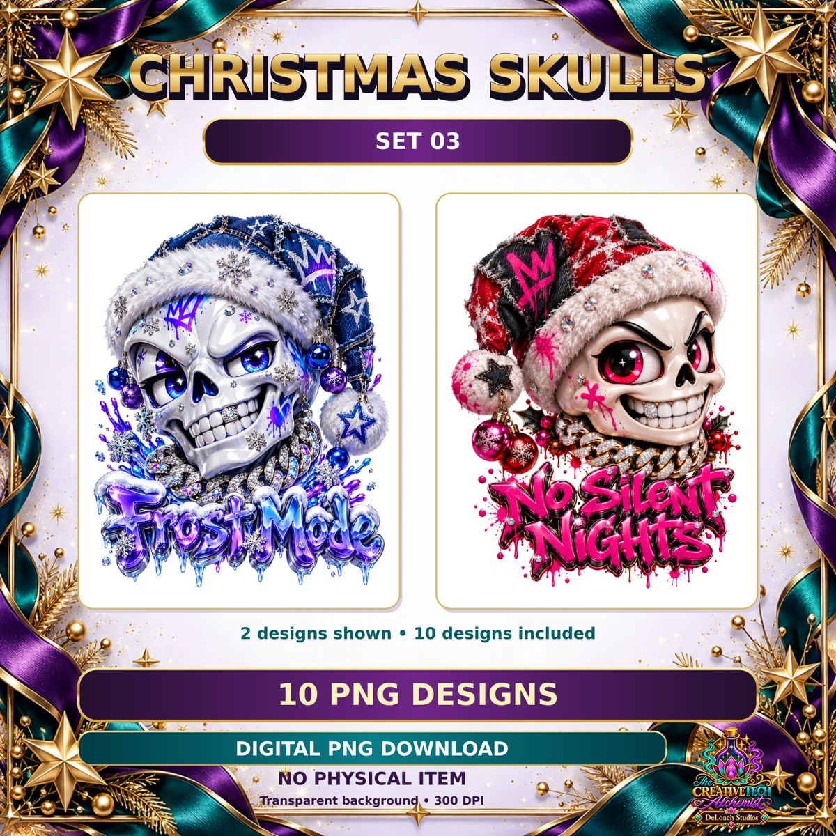 Christmas Skulls Set 03: two sample designs from the ten included transparent PNGs, 300 DPI; digital download, no physical item
