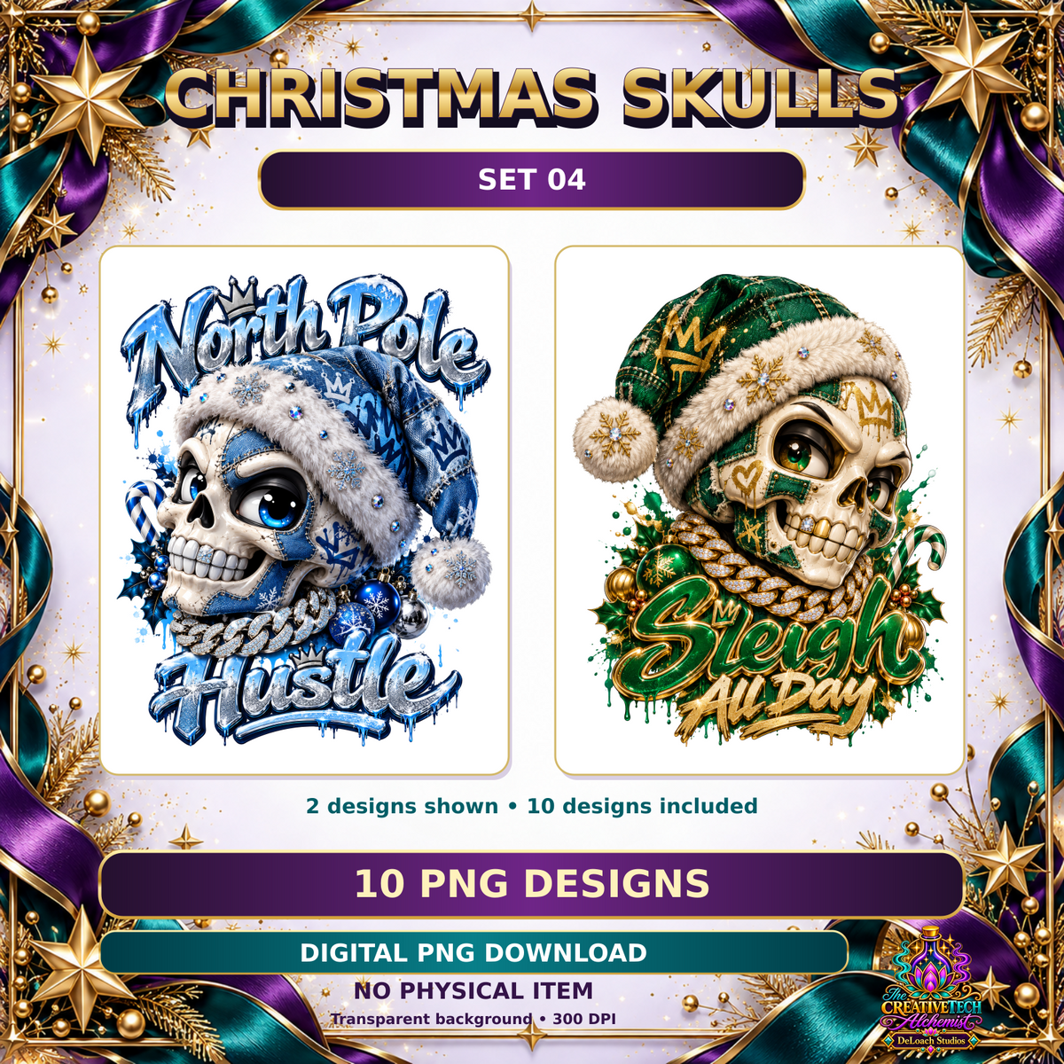 Christmas Skulls Set 04: two sample designs from the ten included transparent PNGs, 300 DPI; digital download, no physical item