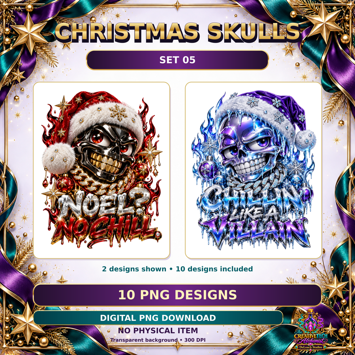 Christmas Skulls Set 05: two sample designs from the ten included transparent PNGs, 300 DPI; digital download, no physical item