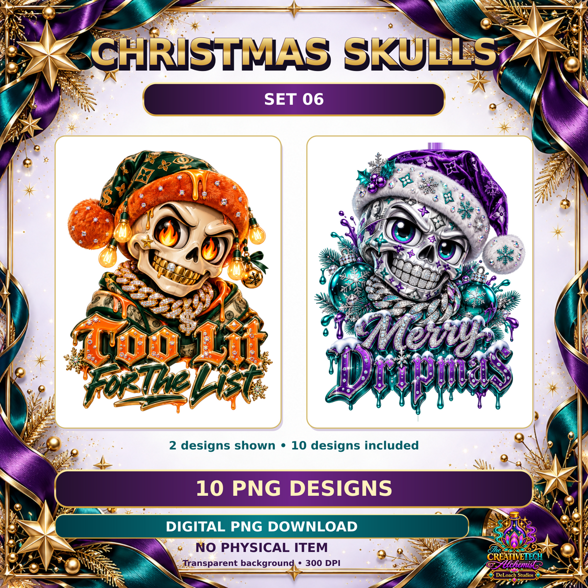 Christmas Skulls Set 06: two sample designs from the ten included transparent PNGs, 300 DPI; digital download, no physical item