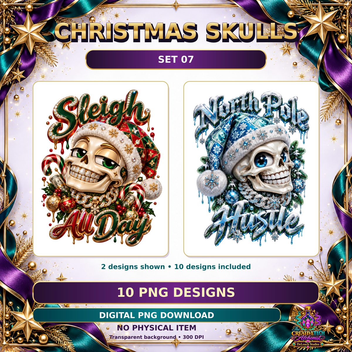 Christmas Skulls Set 07: two sample designs from the ten included transparent PNGs, 300 DPI; digital download, no physical item