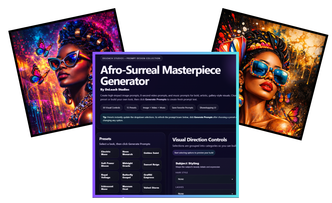 Afro-Surreal Masterpiece Generator | 3-in-1 Prompt Studio for Art, Motion & Music