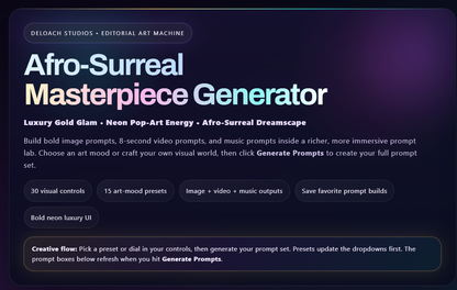 Afro-Surreal Masterpiece Generator | 3-in-1 Prompt Studio for Art, Motion & Music