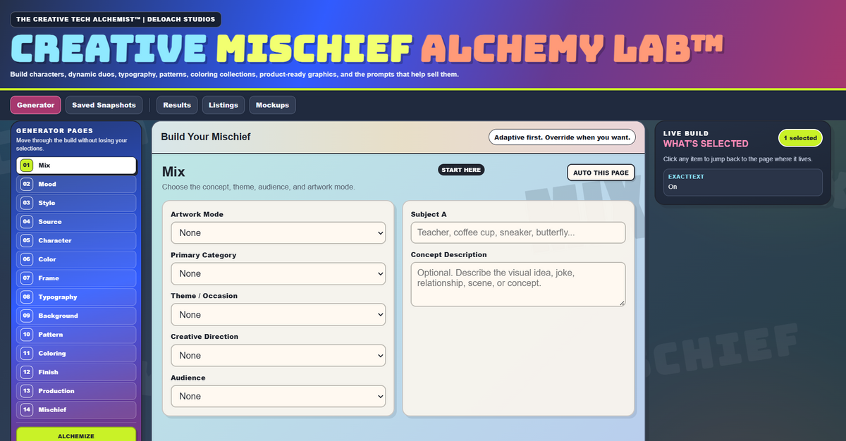 Creative Mischief Alchemy Lab | Multi-Style Prompt Generator