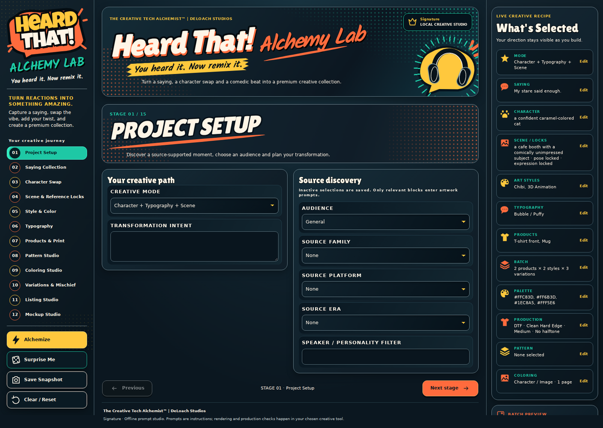 Actual Heard That! Alchemy Lab Signature interface showing numbered stages, creative controls, and the live selection summary.