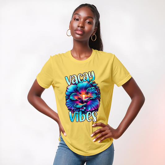 Vacay Vibes Shirt – Tropical Hibiscus Sunset Tee | Bright Vacation Graphic T-Shirt | Unisex Island Yellow Summer Shirt